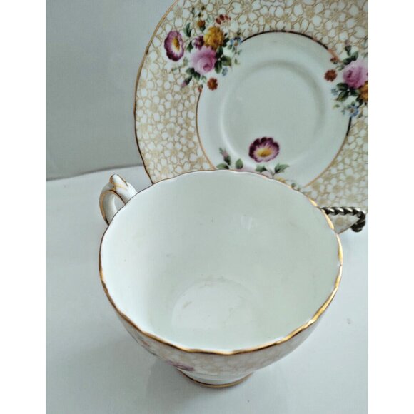 CAULDON tea cup and saucer floral painted rose chintz teacup England 1940s - Picture 7 of 14